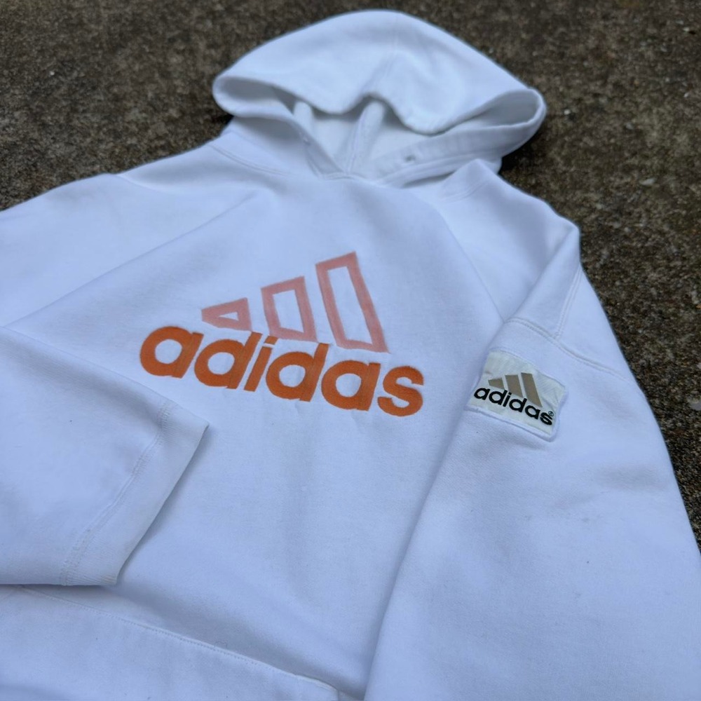 Vintage 90s Adidas Hoodie Spellout Logo Sportswear White XL (d3)
